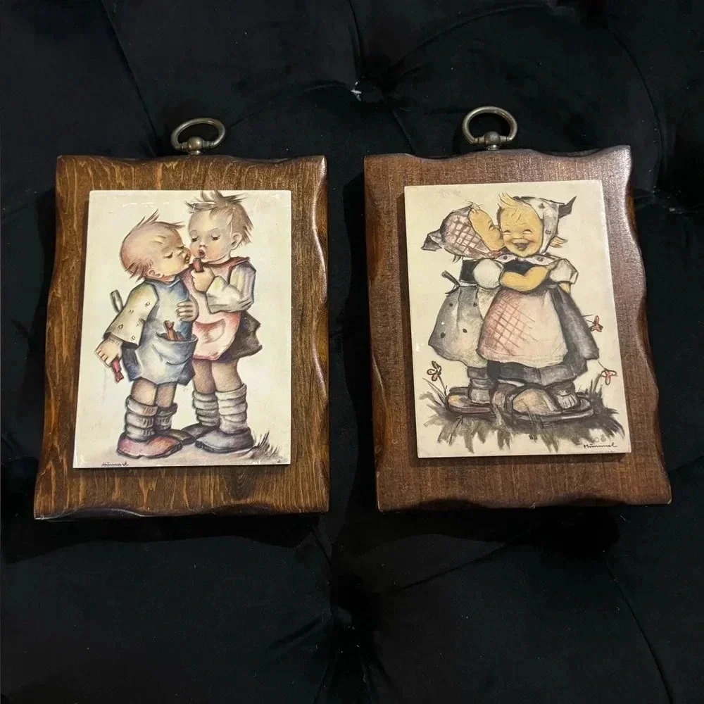 Vintage Hummel Wood Wall Plaques Made in USA German Boy & Girl Sisters Brothers